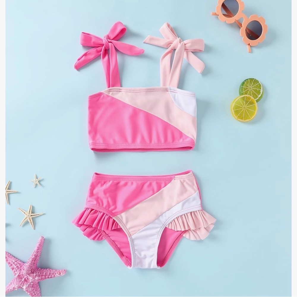 Toddler Girl Two Piece Swimsuit Color Block Stripe Swimwear  Size 5-6